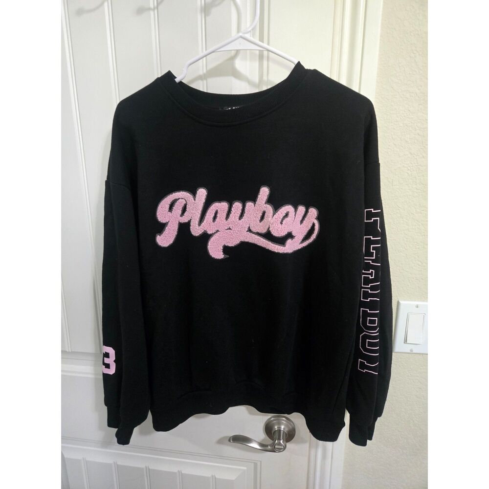 Playboy Women’s Sweatshirt XS Black Pink Logo Graphic Long Sleeve Pullover